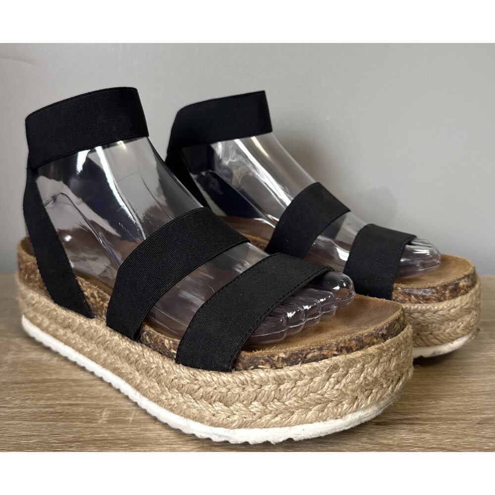 Steve Madden Kimmie Wedge Platform Sandals Cross Back Black Elastic Cork Size 9